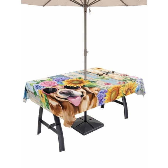 Outdoor Tablecloth with Umbrella Hole and Zipper, Spring Dog Rectangle Table Cloth 60x102 Inch Waterproof Tablecloth, Retro Watercolor Botanical Floral Sunflower Picnic Table Cover for Patio Camping