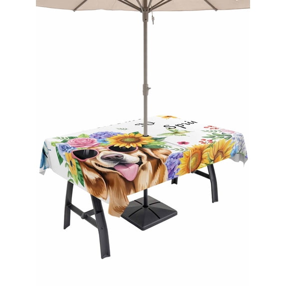 Outdoor Tablecloth with Umbrella Hole and Zipper, Spring Dog Rectangle Table Cloth 60x120 Inch Waterproof Tablecloth, Watercolor Botanical Floral Sunflower Picnic Table Cover for Patio Camping