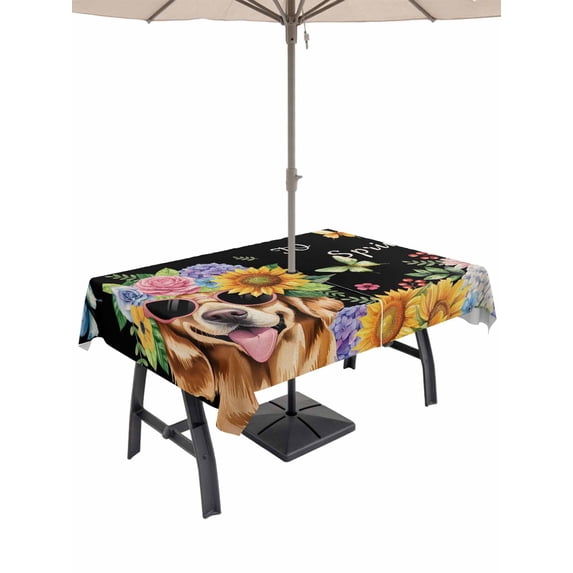 Outdoor Tablecloth with Umbrella Hole and Zipper, Spring Dog Rectangle Table Cloth 60x84 Inch Waterproof Tablecloth, Black Watercolor Botanical Floral Sunflower Picnic Table Cover for Patio Camping