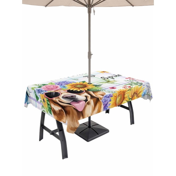 Outdoor Tablecloth with Umbrella Hole and Zipper, Spring Dog Rectangle Table Cloth 60x84 Inch Waterproof Tablecloth, Vintage Watercolor Botanical Floral Sunflower Picnic Table Cover for Patio Camping