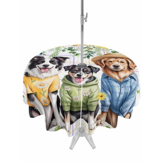 Outdoor Tablecloth with Umbrella Hole and Zipper, Spring Dog Round Table Cloth 54 Inch Waterproof Tablecloth, Sunflower Daisy Botanical Watercolor Picnic Table Cover for Patio Camping