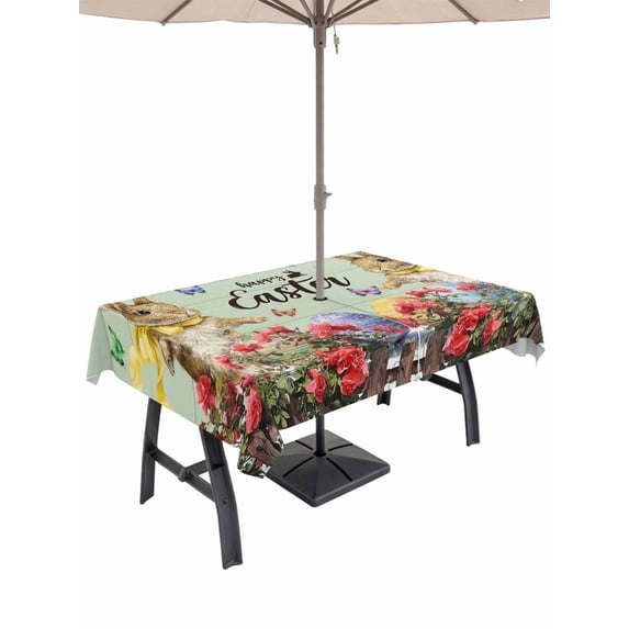 Outdoor Tablecloth with Umbrella Hole and Zipper, Spring Easter Bunny Rectangle Table Cloth 60x102 Inch Waterproof Tablecloth, Green Wooden Red Floral Easter Eggs Picnic Table Cover for Patio Camping