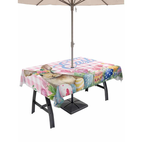 Outdoor Tablecloth with Umbrella Hole and Zipper, Spring Easter Bunny Rectangle Table Cloth 60x102 Inch Waterproof Tablecloth, Pink Plaid Tulip Botanical Eggs Picnic Table Cover for Patio Camping