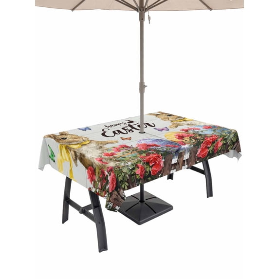 Outdoor Tablecloth with Umbrella Hole and Zipper, Spring Easter Bunny Rectangle Table Cloth 60x120 Inch Waterproof Tablecloth, Grey Wooden Red Floral Easter Eggs Picnic Table Cover for Patio Camping