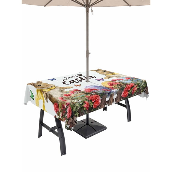 Outdoor Tablecloth with Umbrella Hole and Zipper, Spring Easter Bunny Rectangle Table Cloth 60x84 Inch Waterproof Tablecloth, Red Floral Botanical Easter Eggs Picnic Table Cover for Patio Camping