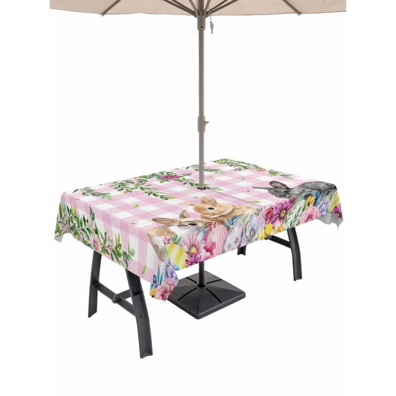 Outdoor Tablecloth with Umbrella Hole and Zipper, Spring Easter Rectangle Table Cloth 52x70 Inch Waterproof Tablecloth, Watercolor Floral Eggs Rabbits Leaf Pink Plaid Picnic Table Cover for Patio