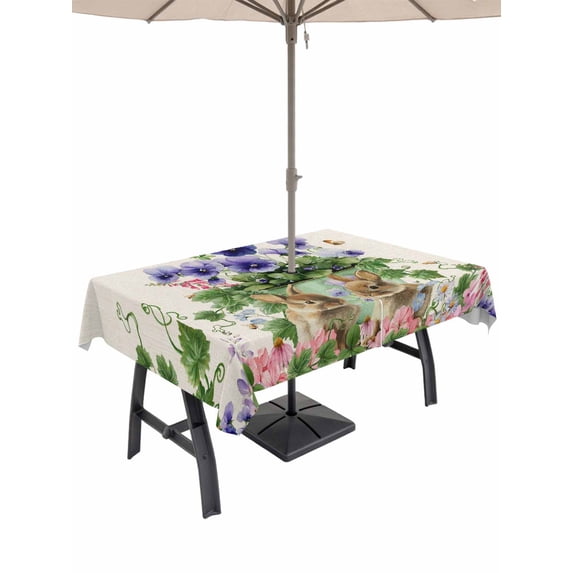 Outdoor Tablecloth with Umbrella Hole and Zipper, Spring Easter Rectangle Table Cloth 54x80 Inch Waterproof Tablecloth, Purple Floral Summer Botanical Rustic Picnic Table Cover for Patio Camping