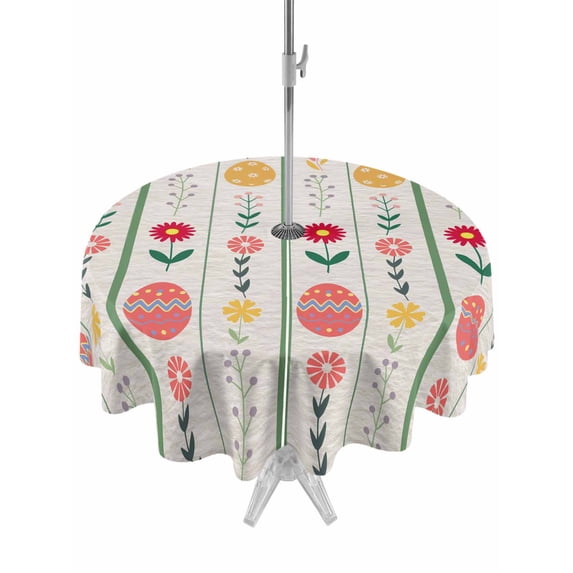 Outdoor Tablecloth with Umbrella Hole and Zipper, Spring Easter Round Table Cloth 54 Inch Waterproof Tablecloth, Green Pink Yellow Eggs Floral Botanical Picnic Table Cover for Patio Camping