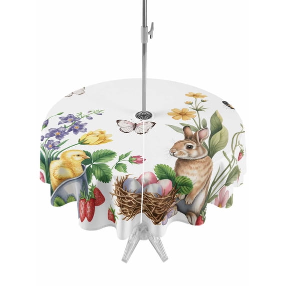 Outdoor Tablecloth with Umbrella Hole Zipper Spring Easter Round Tablecloth 60" Waterproof Table Cloth Country Bunny Chick Floral Butterflies Watercolor Patio Table Cover Tablecloths for Picnic