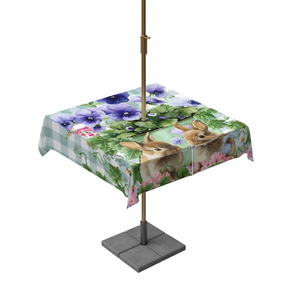 Outdoor Tablecloth with Umbrella Hole and Zipper, Spring Easter Square Table Cloth 60x60 Inch Waterproof Tablecloth, Purple Floral Summer Botanical Teal Plaid Picnic Table Cover for Patio Camping