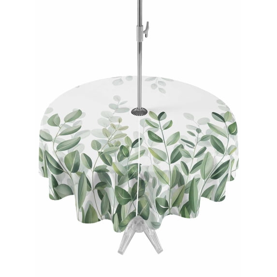 Outdoor Tablecloth with Umbrella Hole and Zipper, Spring Emerald Green Eucalyptus Round Table Cloth 60 Inch Waterproof Tablecloth, Botanical Leaf Country Picnic Table Cover for Patio Camping