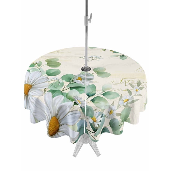 Outdoor Tablecloth with Umbrella Hole Zipper Spring Floral Daisy Round Tablecloth 60" Waterproof Outside Table Cloth Eucalyptus Leaves Watercolor Botanical Patio Table Cover Tablecloths for Picnic
