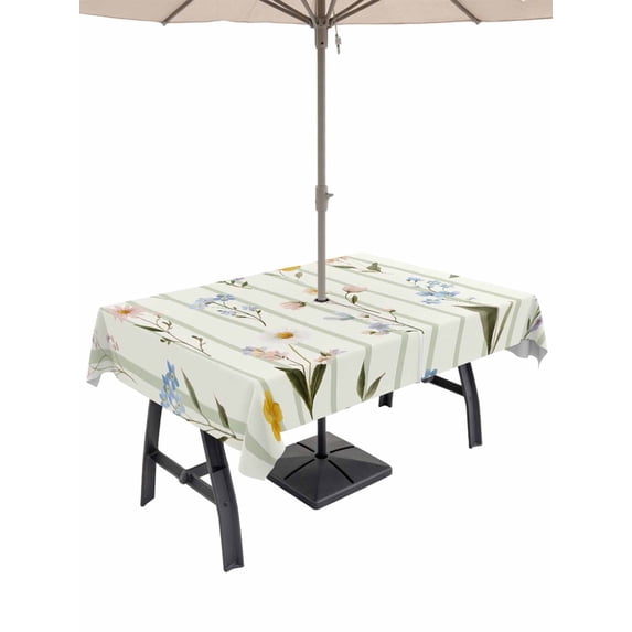 Outdoor Tablecloth with Umbrella Hole and Zipper, Spring Floral Rectangle Table Cloth 52x70 Inch Waterproof Tablecloth, Summer Botanical Sage Green Striped Picnic Table Cover for Patio Camping