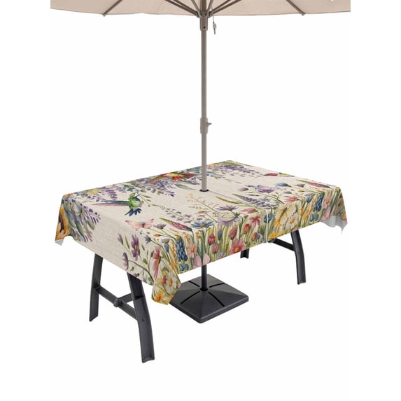 Outdoor Tablecloth with Umbrella Hole and Zipper, Spring Floral Rectangle Table Cloth 54x80 Inch Waterproof Tablecloth, Daisy Sunflowers Wisteria Hummingbird Beige Picnic Table Cover for Patio