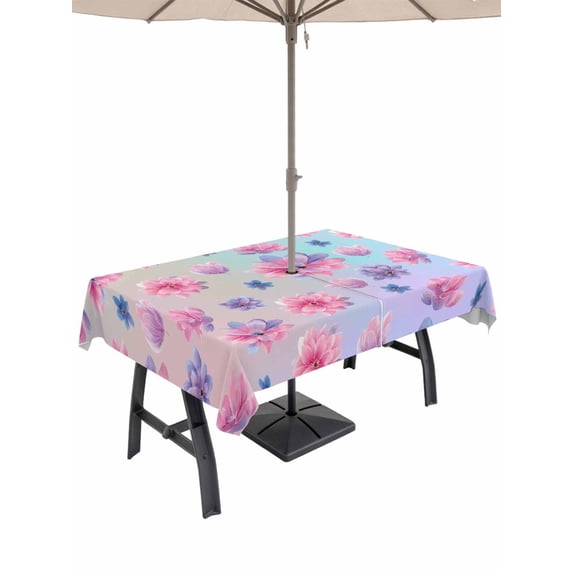 Outdoor Tablecloth with Umbrella Hole and Zipper, Spring Floral Rectangle Table Cloth 54x80 Inch Waterproof Tablecloth, Purple Pink Blue Flower Summer Botanical Picnic Table Cover for Patio Camping