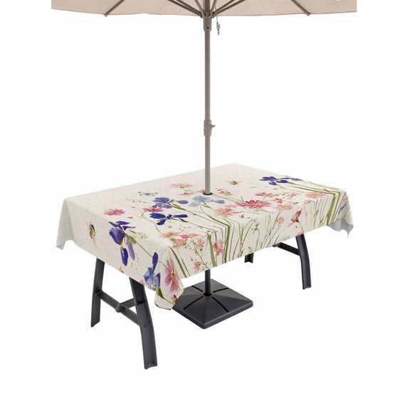 Outdoor Tablecloth with Umbrella Hole and Zipper, Spring Floral Rectangle Table Cloth 60x102 Inch Waterproof Tablecloth, Farmhouse Summer Botanical Flowers Picnic Table Cover for Patio Camping