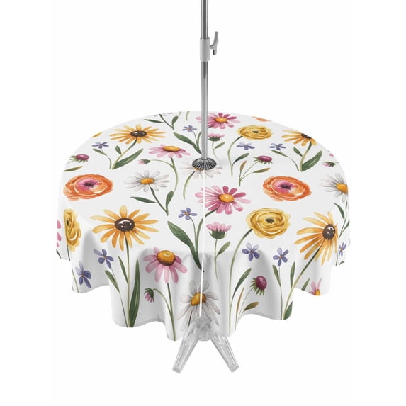 Outdoor Tablecloth with Umbrella Hole and Zipper, Spring Floral Round Table Cloth 54 Inch Waterproof Tablecloth, Watercolor Summer Botanical Picnic Table Cover for Patio Camping