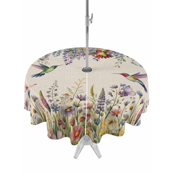 Outdoor Tablecloth with Umbrella Hole and Zipper, Spring Floral Round Table Cloth 60 Inch Waterproof Tablecloth, Daisy Sunflowers Wisteria Hummingbird Beige Picnic Table Cover for Patio Camping