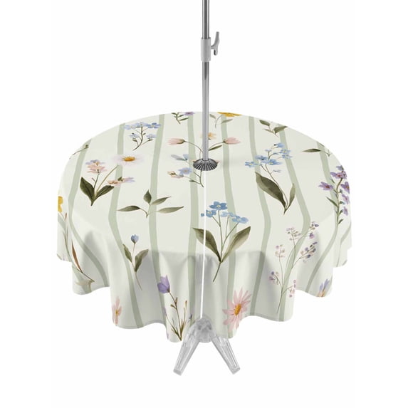 Outdoor Tablecloth with Umbrella Hole and Zipper, Spring Floral Round Table Cloth 60 Inch Waterproof Tablecloth, Summer Botanical Sage Green Striped Picnic Table Cover for Patio Camping