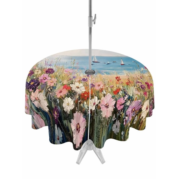 Outdoor Tablecloth with Umbrella Hole Zipper Spring Floral Round Tablecloth 54" Waterproof Outside Table Cloth Oil Painting Art Landscape Beach Patio Table Cover Tablecloths for Picnic Party