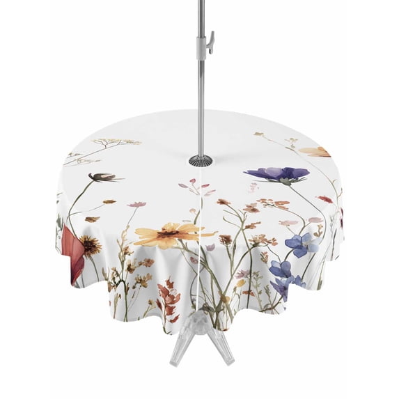 Outdoor Tablecloth with Umbrella Hole Zipper Spring Floral Round Tablecloth 54" Waterproof Outside Table Cloth Watercolor Botanical Flowers Red Purple Yellow Patio Table Cover Tablecloths for Picnic