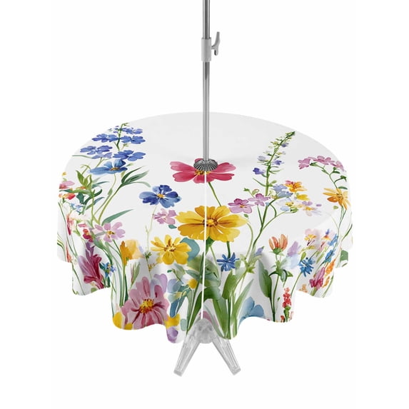 Outdoor Tablecloth with Umbrella Hole Zipper Spring Floral Round Tablecloth 60" Waterproof Outside Table Cloth Colorful Summer Watercolor Botanical Patio Table Cover Tablecloths for Picnic Party