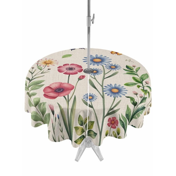 Outdoor Tablecloth with Umbrella Hole Zipper Spring Floral Round Tablecloth 60" Waterproof Outside Table Cloth Pink Blue Flowers Butterfly Rustic Patio Table Cover Tablecloths for Picnic Party