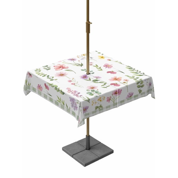 Outdoor Tablecloth with Umbrella Hole and Zipper, Spring Floral Square Table Cloth 60x60 Inch Waterproof Tablecloth, Pink Flowers Sage Green Plaid Pastoral Picnic Table Cover for Patio Camping