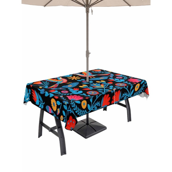 Outdoor Tablecloth with Umbrella Hole and Zipper, Spring Floral Waterproof Patio Tablecloth for Dining 52''x70'', Modern Abstract Art Birds Wipeable Table Cover for Picnic BBQ Party Patio