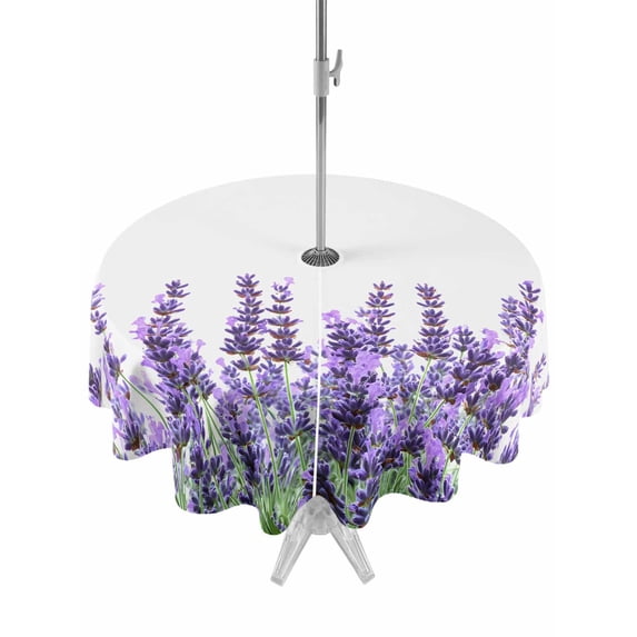 Outdoor Tablecloth with Umbrella Hole Zipper Spring Lavender Round Tablecloth 54" Waterproof Outside Table Cloth Purple Botanical Garden Florals Flower Patio Table Cover Tablecloths for Picnic Party