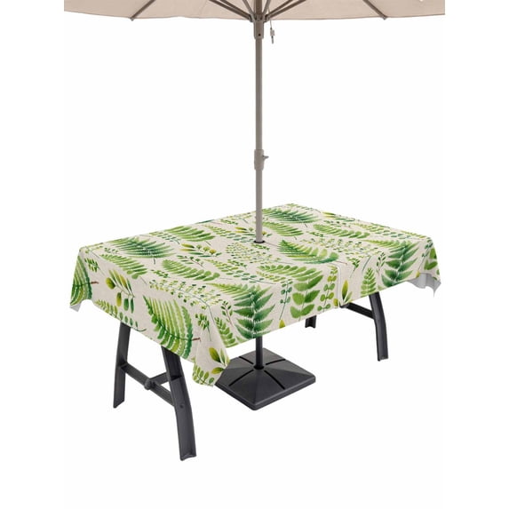 Outdoor Tablecloth with Umbrella Hole and Zipper, Spring Leavse Rectangle Table Cloth 60x84 Inch Waterproof Tablecloth, Pastoral Garden Botanical Rustic Burlap Picnic Table Cover for Patio Camping