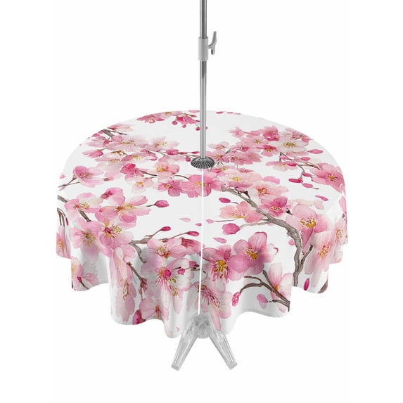 Outdoor Tablecloth with Umbrella Hole and Zipper, Spring Peach Flowers Round Table Cloth 54 Inch Waterproof Tablecloth, Pink Botanical Floral Leaves Branch Picnic Table Cover for Patio Camping