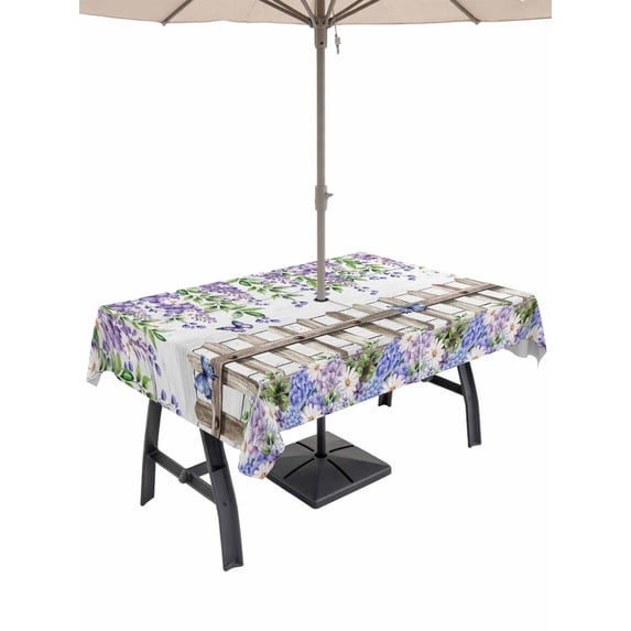Outdoor Tablecloth with Umbrella Hole and Zipper, Spring Purple Flowers Rectangle Table Cloth 54x80 Inch Waterproof Tablecloth, Farmhouse Leaves Fences Gray Wood Picnic Table Cover for Patio Camping