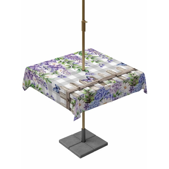 Outdoor Tablecloth with Umbrella Hole and Zipper, Spring Purple Flowers Square Table Cloth 54x54 Inch Waterproof Tablecloth, Farmhouse Leaves Fences Gray Plaid Picnic Table Cover for Patio Camping