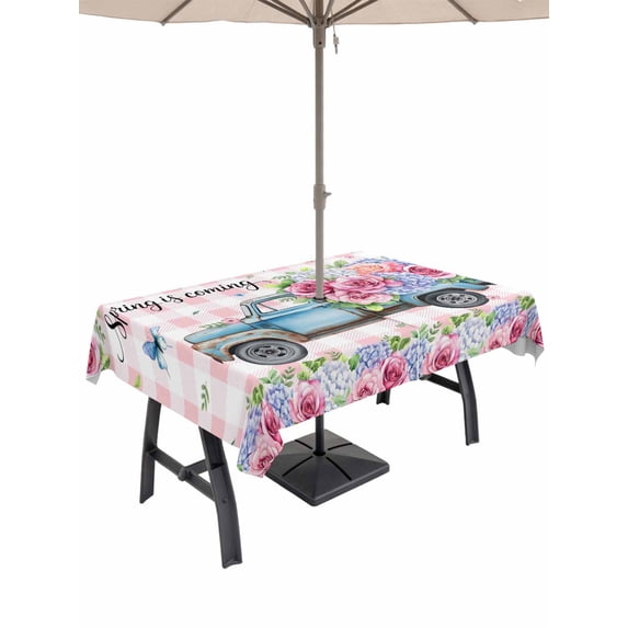 Outdoor Tablecloth with Umbrella Hole and Zipper, Spring Rectangle Table Cloth 52x70 Inch Waterproof Tablecloth, Truck Botanical Rose Leaves Butterfly Pink Lattice Picnic Table Cover for Patio