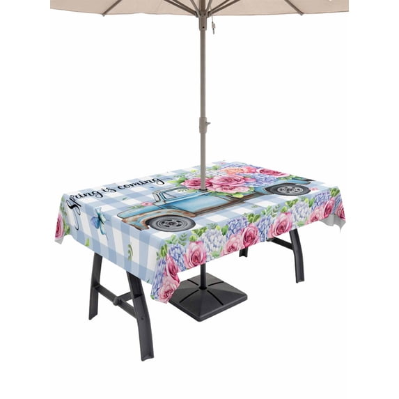 Outdoor Tablecloth with Umbrella Hole and Zipper, Spring Rectangle Table Cloth 60x120 Inch Waterproof Tablecloth, Truck Botanical Rose Leaves Blue White Plaid Picnic Table Cover for Patio Camping