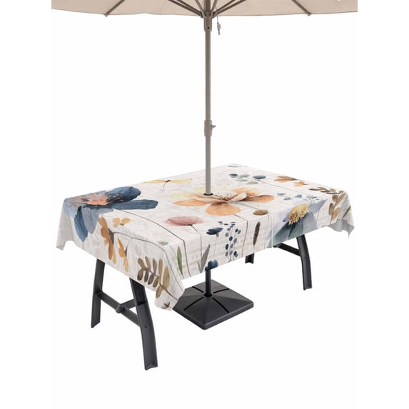Outdoor Tablecloth with Umbrella Hole and Zipper, Spring Summer Wildflowers Rectangle Table Cloth 60x120 Inch Waterproof Tablecloth, Farmhouse Retro Floral Botanical Picnic Table Cover for Patio