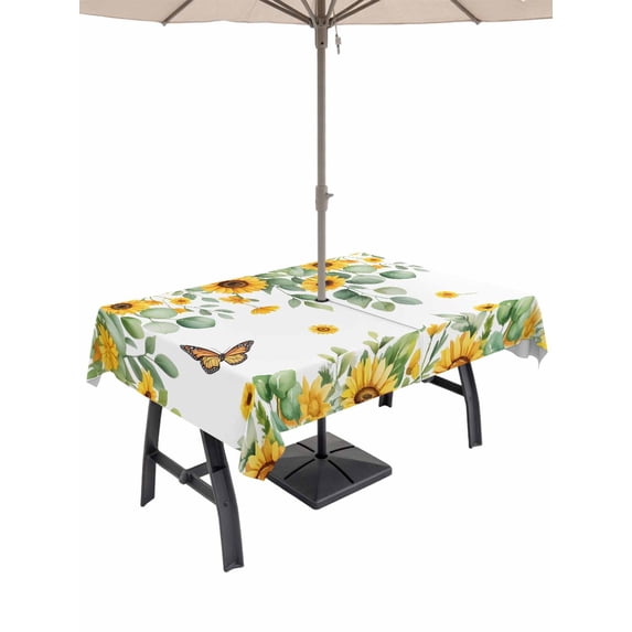 Outdoor Tablecloth with Umbrella Hole and Zipper, Spring Sunflowers Rectangle Table Cloth 60x102 Inch Waterproof Tablecloth, Eucalyptus Leaves Flowers Butterfly Picnic Table Cover for Patio Camping
