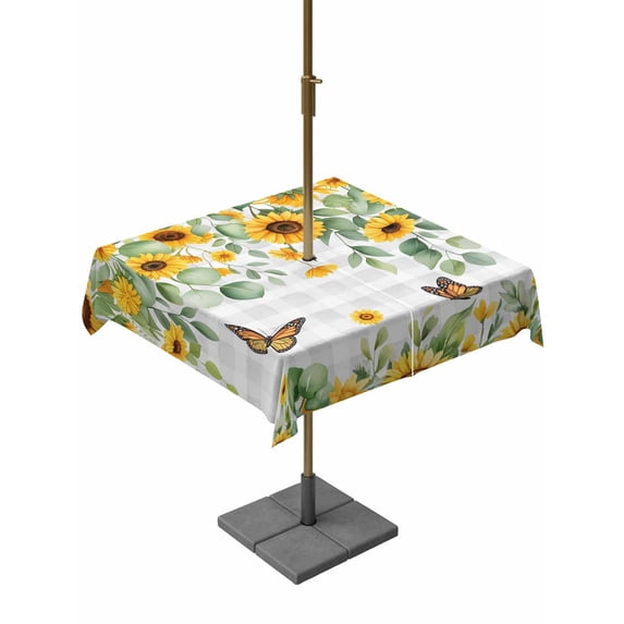 Outdoor Tablecloth with Umbrella Hole and Zipper, Spring Sunflowers Square Table Cloth 60x60 Inch Waterproof Tablecloth, Eucalyptus Leaves Butterfly Flowers Plaid Picnic Table Cover for Patio Camping