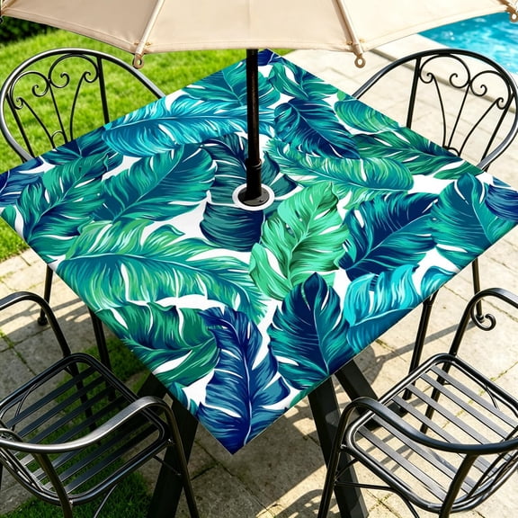 Outdoor Tablecloth with Umbrella Hole and Zipper, Square Fitted Patio Table Covers for Spring/Summer, Machine Washable Outdoor Picnic Table Cloth (Palm Leaves, Fit for 36"x36" Square Table)