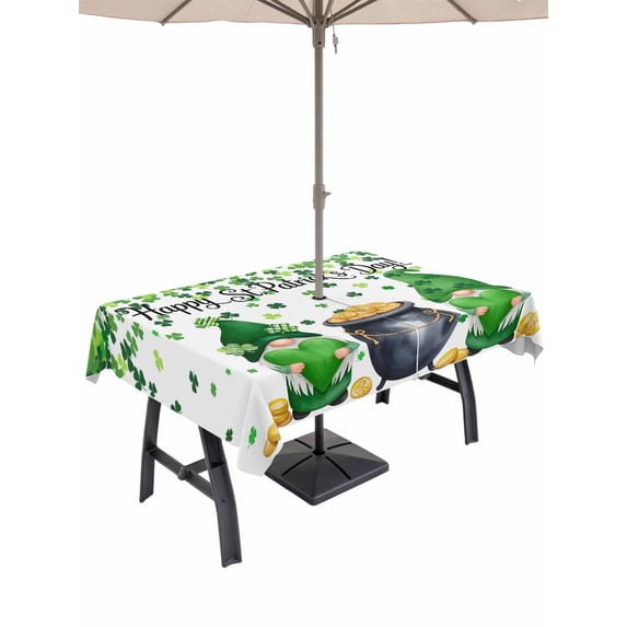 Outdoor Tablecloth with Umbrella Hole and Zipper, St. Patrick's Day Rectangle Table Cloth 52x70 Inch Waterproof Tablecloth, Green Gnomes Spring Lucky Shamrocks Picnic Table Cover for Patio Camping