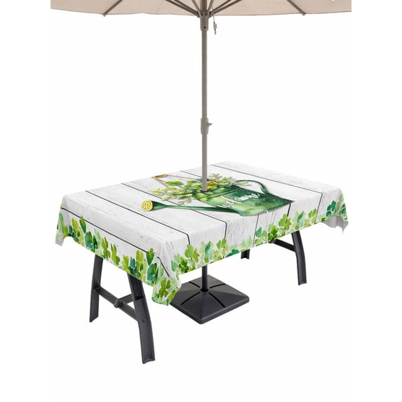 Outdoor Tablecloth with Umbrella Hole and Zipper, St. Patrick's Day Rectangle Table Cloth 52x70 Inch Waterproof Tablecloth, Green Lucky Shamrock Watering Can Wood Gray Picnic Table Cover for Patio