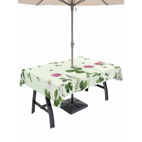 Outdoor Tablecloth with Umbrella Hole and Zipper, St. Patrick's Day Rectangle Table Cloth 52x70 Inch Waterproof Tablecloth, Green Shamrocks Floral Botanical Picnic Table Cover for Patio Camping