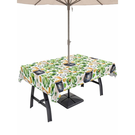 Outdoor Tablecloth with Umbrella Hole and Zipper, St. Patrick's Day Rectangle Table Cloth 52x70 Inch Waterproof Tablecloth, Lucky Shamrocks Harp Beer Horseshoes Envelope Picnic Table Cover for Patio