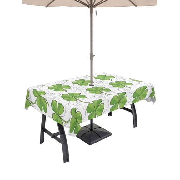 Outdoor Tablecloth with Umbrella Hole and Zipper, St. Patrick's Day Rectangle Table Cloth 52x70 Inch Waterproof Tablecloth, Spring Lucky Four-leaf Grass Watercolor Picnic Table Cover for Patio