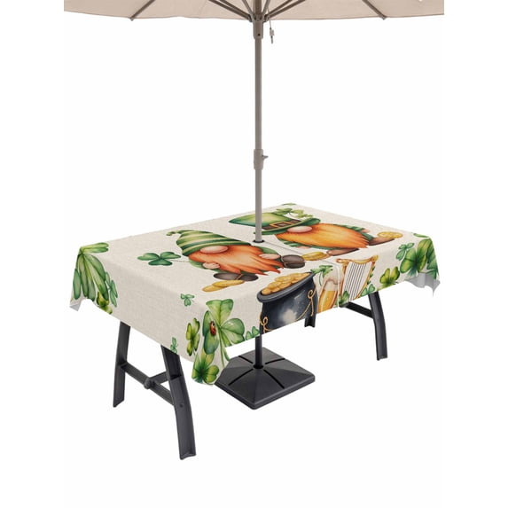 Outdoor Tablecloth with Umbrella Hole and Zipper, St. Patrick's Day Rectangle Table Cloth 54x80 Inch Waterproof Tablecloth, Green Gnomes Lucky Shamrocks Vintage Picnic Table Cover for Patio Camping