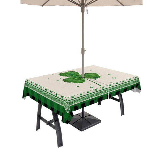 Outdoor Tablecloth with Umbrella Hole and Zipper, St. Patrick's Day Rectangle Table Cloth 54x80 Inch Waterproof Tablecloth, Green Shamrock Plaid Beige Spring Picnic Table Cover for Patio Camping