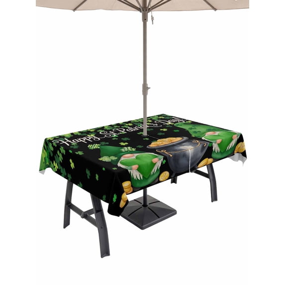 Outdoor Tablecloth with Umbrella Hole and Zipper, St. Patrick's Day Rectangle Table Cloth 54x80 Inch Waterproof Tablecloth, Spring Lucky Shamrocks Green Gnomes Black Picnic Table Cover for Patio