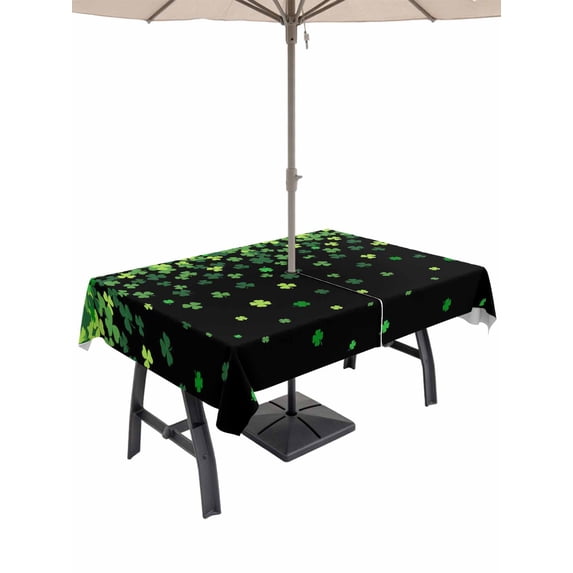 Outdoor Tablecloth with Umbrella Hole and Zipper, St. Patrick's Day Rectangle Table Cloth 54x80 Inch Waterproof Tablecloth, Spring Lucky Shamrocks Leaves Black Picnic Table Cover for Patio Camping