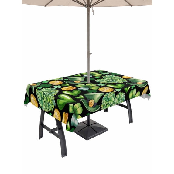 Outdoor Tablecloth with Umbrella Hole and Zipper, St. Patrick's Day Rectangle Table Cloth 54x80 Inch Waterproof Tablecloth, Spring Shamrocks Green Love Hats Plants Black Picnic Table Cover for Patio